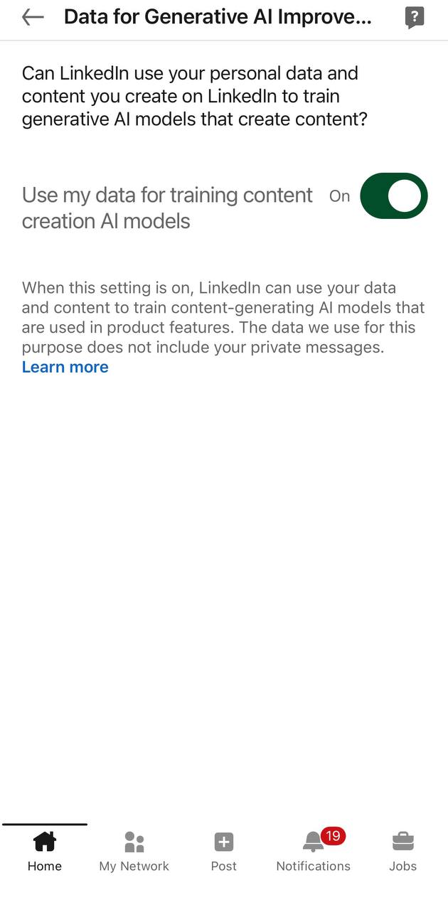 LinkedIn mobile settings showing 'Data for Generative AI Improvement' toggled ON by default